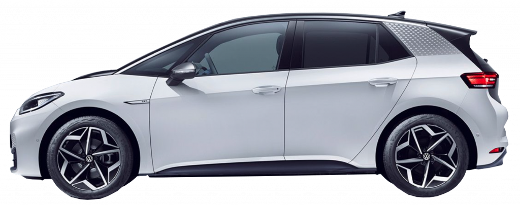 Elektroauto in weiß. Das Modell heißt ID3. Produziert wird das Auto von VW